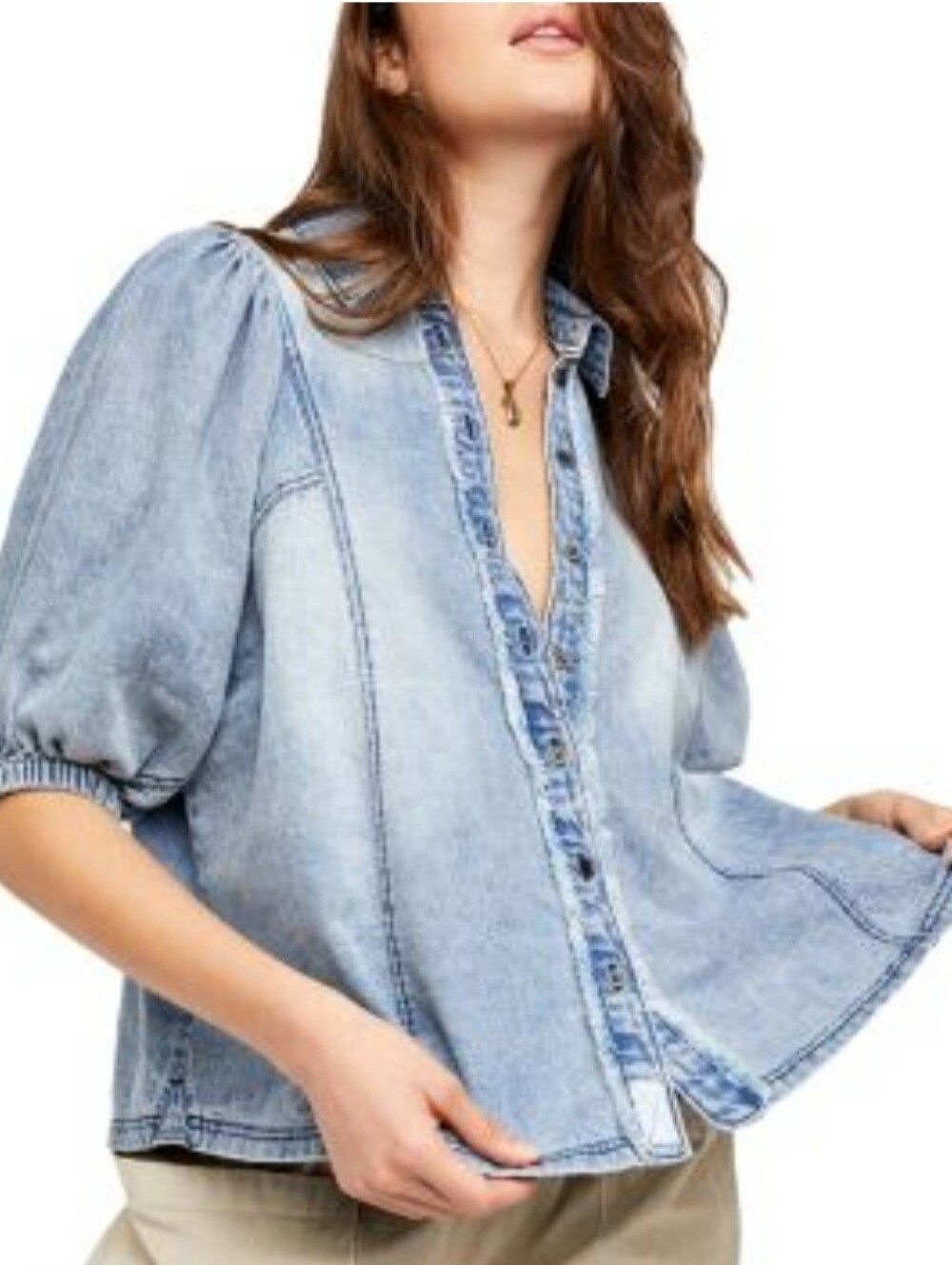 Free People We The Free Suhrie Denim Puff Sleeve Size XS Shirt Oversized Peasant